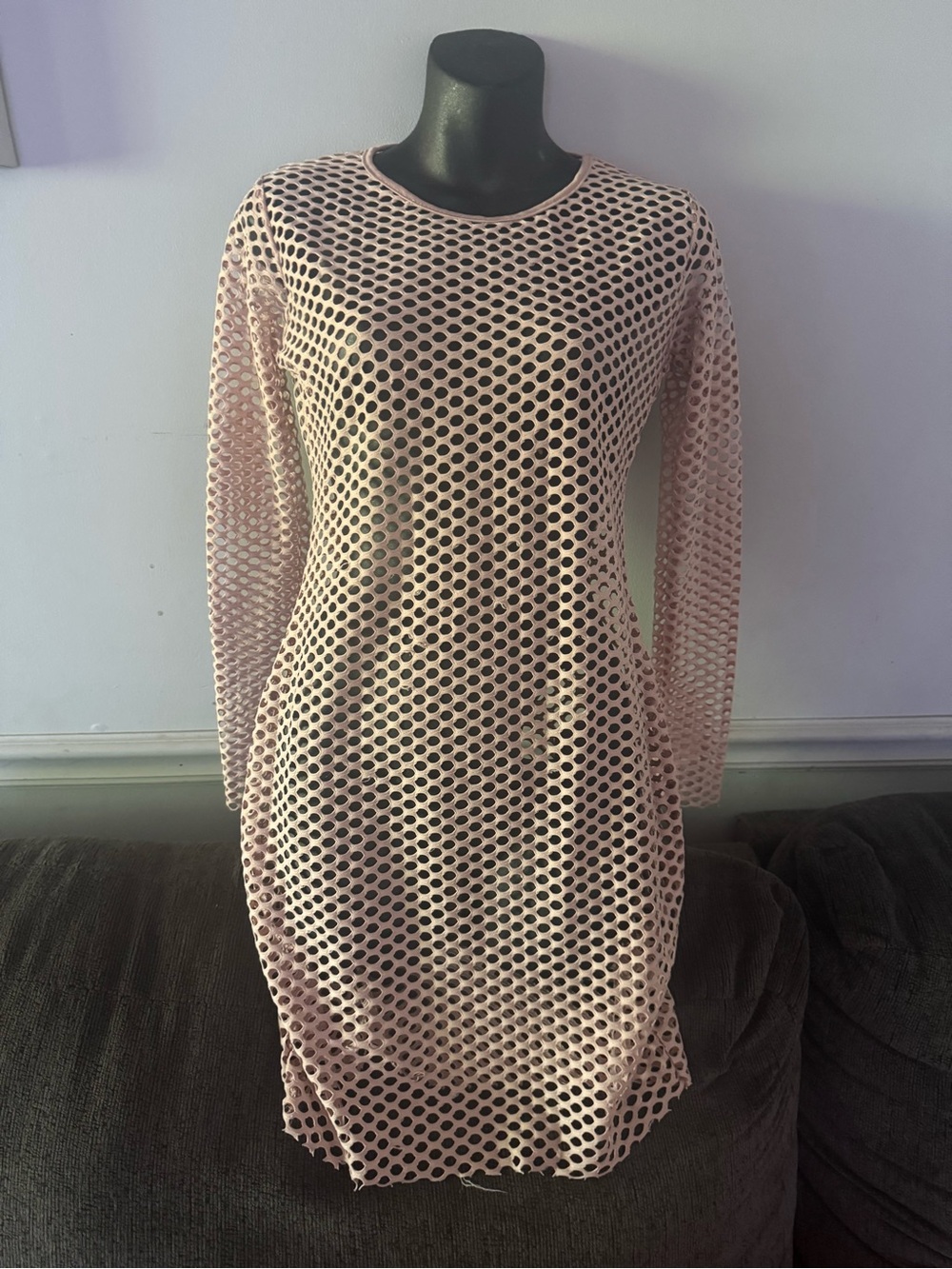 PrettyLittleThing Pale Pink Long-Sleeve Mesh Dress